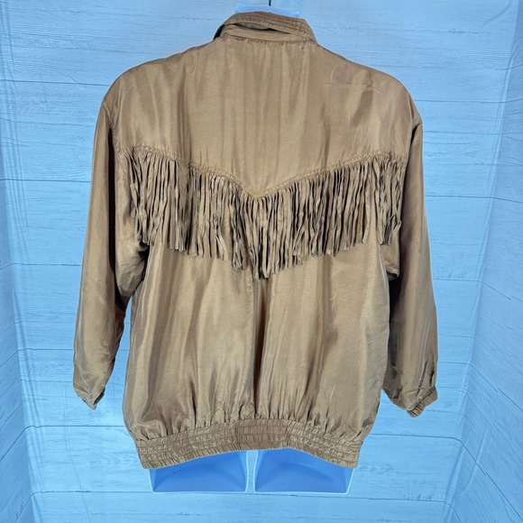 VTG 100% silk EVR Large Western Fringed Jacket Brown boho cowgirl y2k indie slea - Picture 3 of 9
